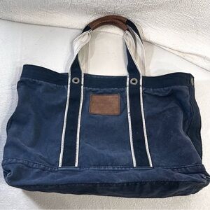 Abercrombie Fitch Canvas Beach Tote Bag XL Logo Vintage Navy Blue Leather Open